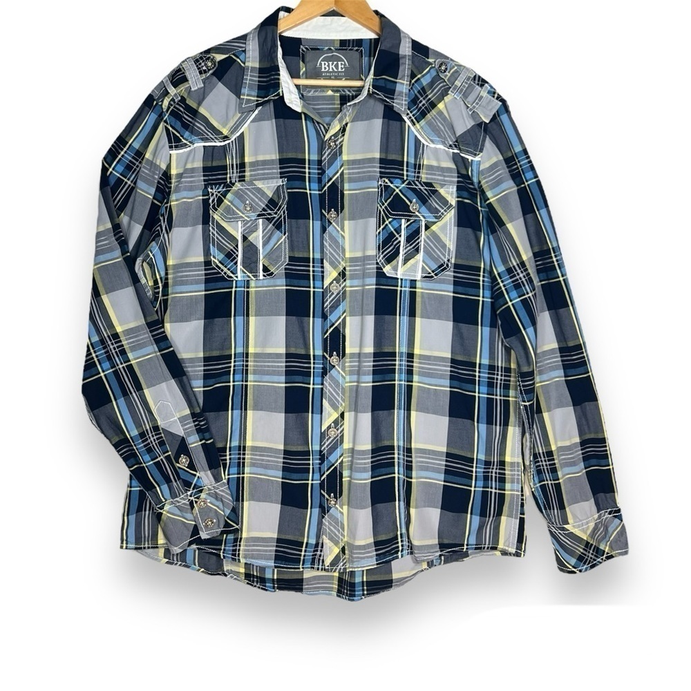 BKE Buckle Mens XL Plaid Button Down Shirt Athletic Fit Western Long Sleeve Blue